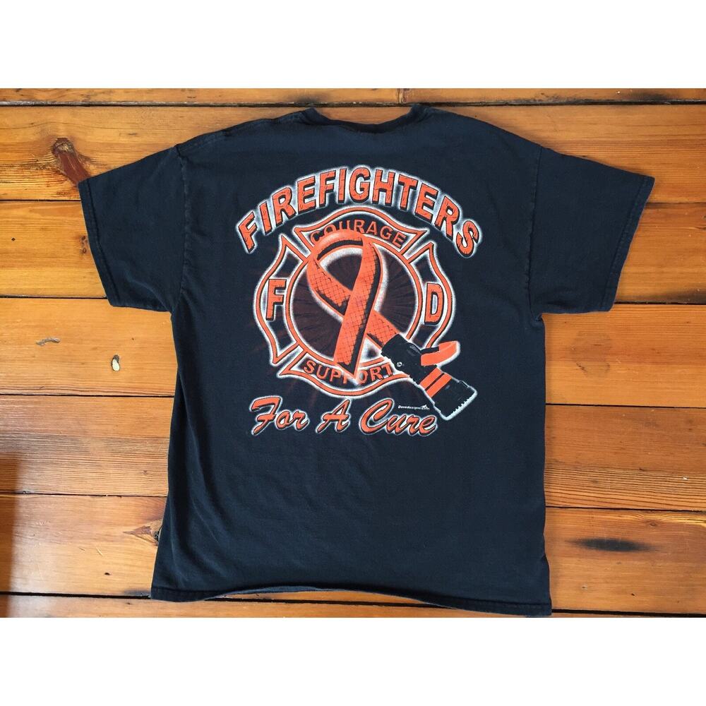 Fire Fighters For A Cure AIDS Ribbon Blue Cotton Short Sleeve T Shirt M-L 42"